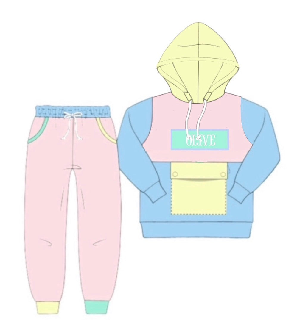 PO93 Winter Jogger Sets - Girl Colorblock Name Smock