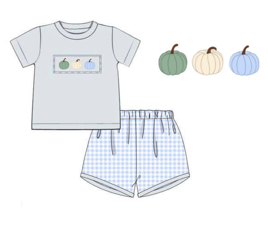 PO89 Gingham Pumpkins Boy Short Set