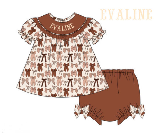 PO89 Brown Bows & Things That Go Name Smocks Bloomer Set