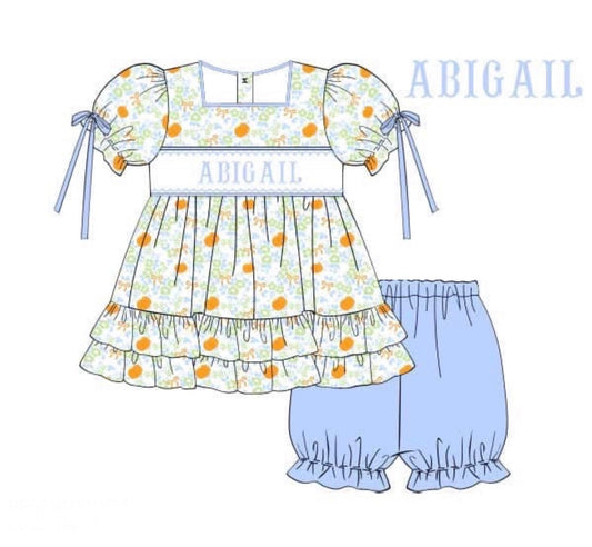 PO89 Pumpkin Name Smocks Girl Short Set